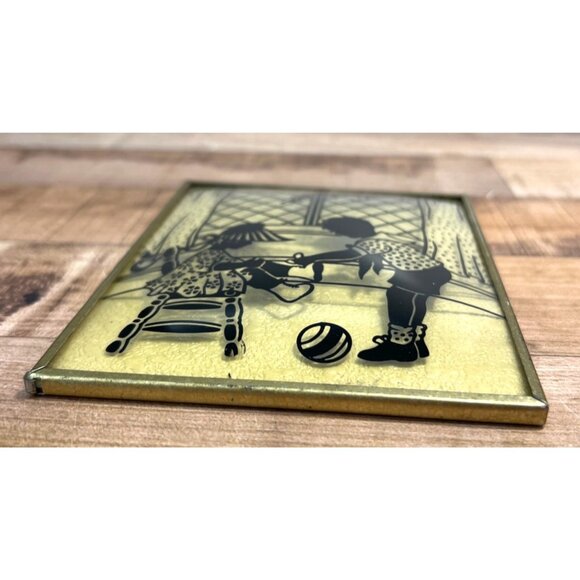 Vintage Reverse Painted Glass Art With Children Scene  Brass Frame Arched Glass - Picture 3 of 3